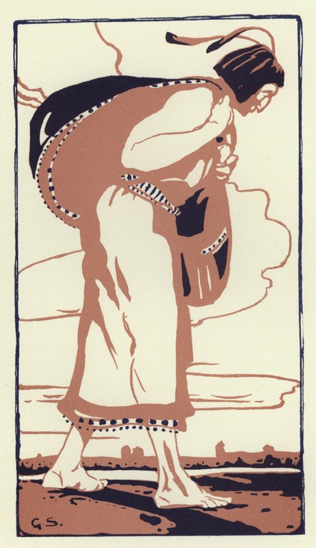 Han kom plutselig på en vid og åpen rød slette (farge litho) av George Sheringham