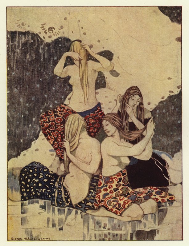 Han så fire vakre jomfruer sitte på isen og flette håret (farge litho) av George Sheringham