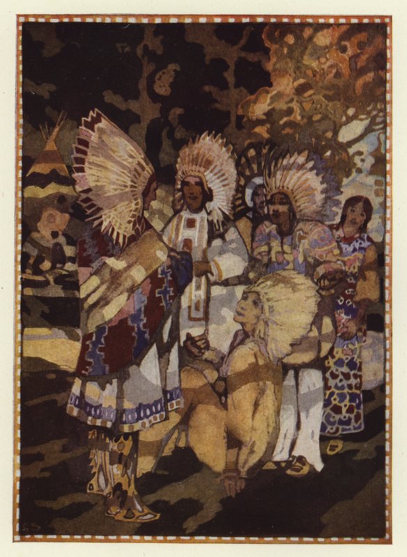 "Jeg er lei av det ensomme livet; jeg har kommet for din datter" (farge litho) av George Sheringham