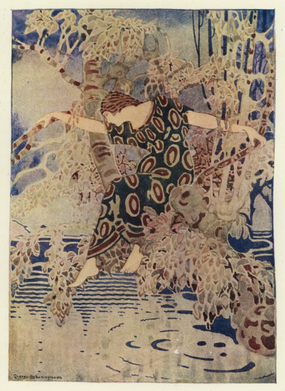 Hun klatret opp i et tre som strakte seg ut over vannet (farge litho) av George Sheringham