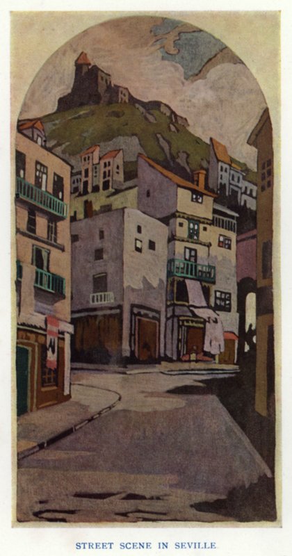 The Duenna av Sheridan: Street Scene in Sevilla (litho-farge) av George Sheringham