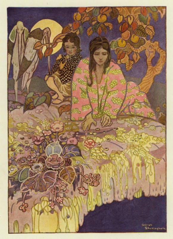 Jenta så gjennom hullet og så jorden langt under seg (farge litho) av George Sheringham