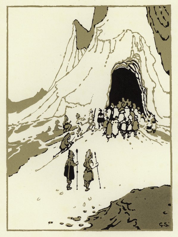 Folket satte ut for å finne gigantene, snart kom de til hulen deres (farge litho) av George Sheringham