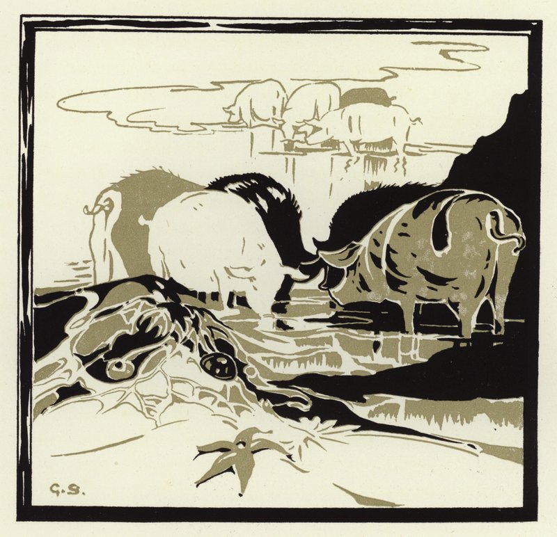 Grisene kom gryntende over sanden (farge litho) av George Sheringham