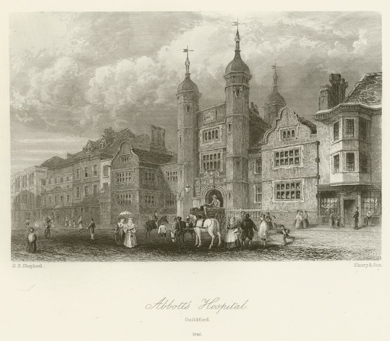 Abbotts Hospital, Guildford, 1840 av George Sidney after Shepherd