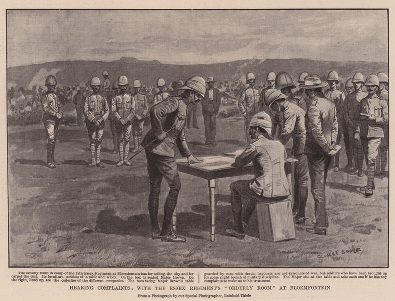 Høring av klager, med Essex Regiments Orderly Room i Bloemfontein av George Soper