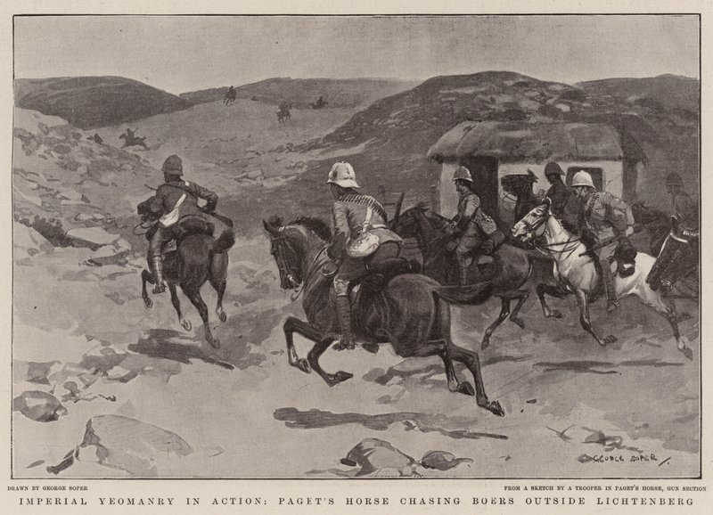 Imperial Yeomanry in Action, Pagets hest jager boerne utenfor Lichtenberg av George Soper