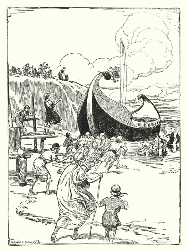 Jason og Argonautene: "Det gode skipet Argo sprang opp fra sanden på rullene og stupte videre som en galant hest" (litho) av George Soper