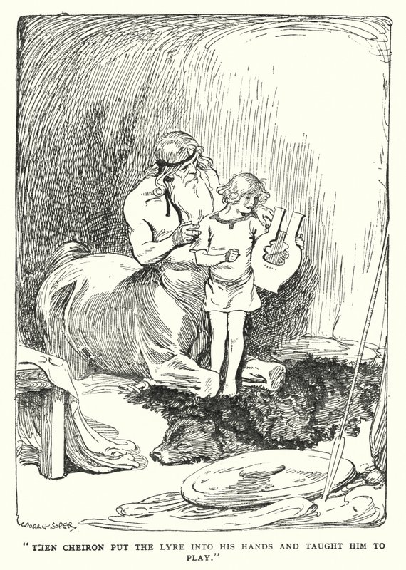 Jason og argonautene: "Så la Cheiron lyren i hendene hans og lærte ham å spille" (litho) av George Soper