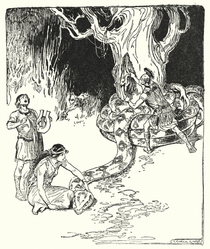 Jason og argonautene: "Så sprang Jason forsiktig ut og rev fleeceen fra trestammen" (litho) av George Soper