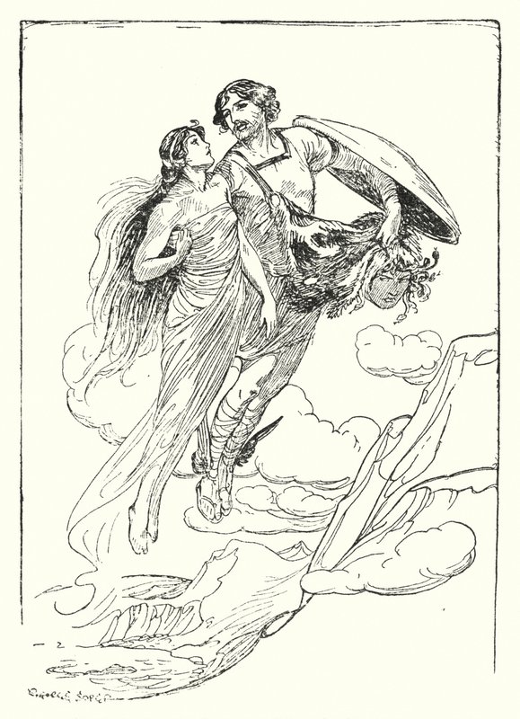 Perseus: "Perseus løftet sin vakre Andromeda i armene og flyktet med henne til klippetoppen" (litho) av George Soper