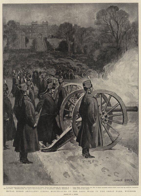 Royal Horse Artillery avfyrer Minute-Guns i Long Walk i Great Park, Windsor av George Soper