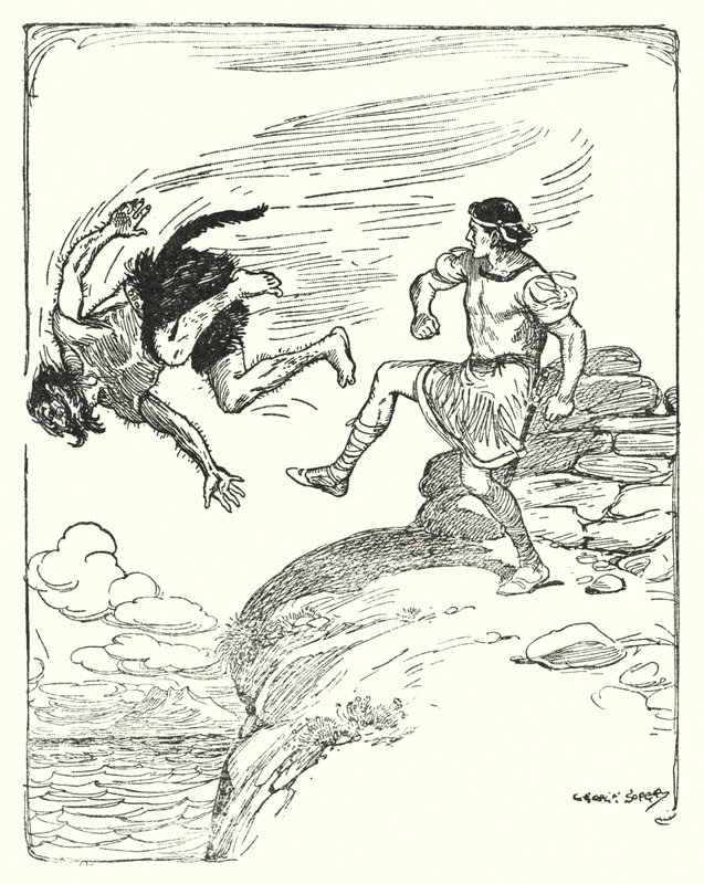 Theseus: "Han sparket ham over klippen i havet" (litho) av George Soper