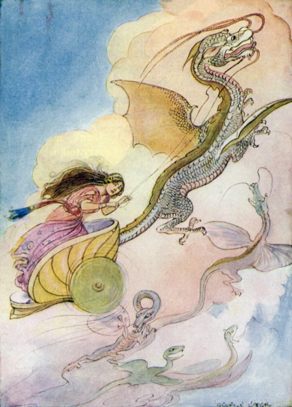 Theseus: "Medeia kalte dragevognen hennes" (farge litho) av George Soper