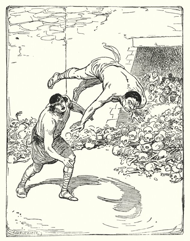 Theseus: "Theseus kastet ham rett over skulderen hans på bakken" (litho) av George Soper