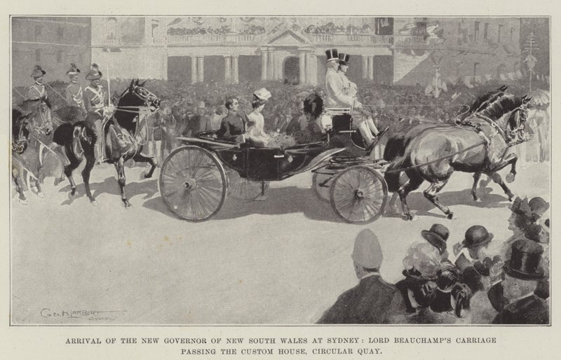 Ankomst av den nye guvernøren i New South Wales til Sydney, Lord Beauchamps vogn passerer Custom House, Circular Quay av George Washington Lambert