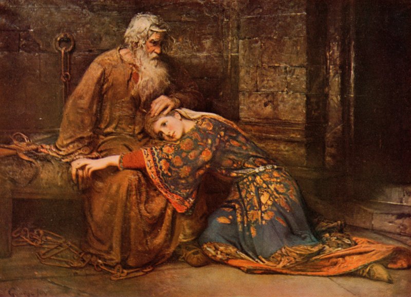 Shakespeare: Cordelia trøster King Lear in Prison, King Lear, Act V, Scene 3 (farge litho) av George William (after) Joy