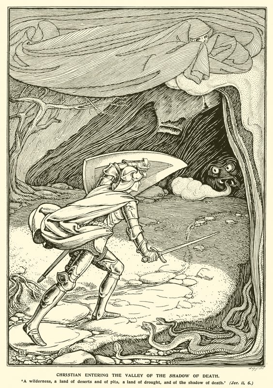 Christian Entering the Valley of the Shadow of Death (gravering) av George Woolliscroft Rhead