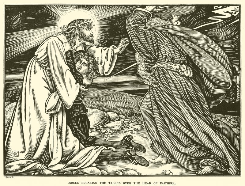 Moses bryter bordene over hodet til trofaste (gravering) av George Woolliscroft Rhead