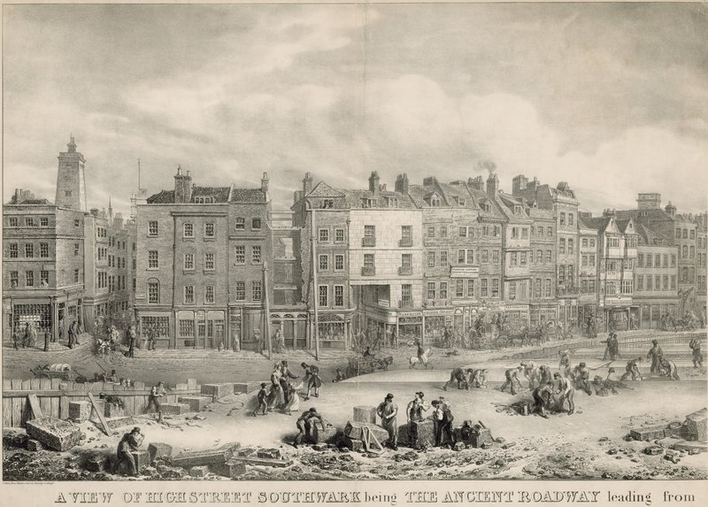 En utsikt over High Street, Southwark, London, som den eldgamle kjørebanen av George the Elder Scharf
