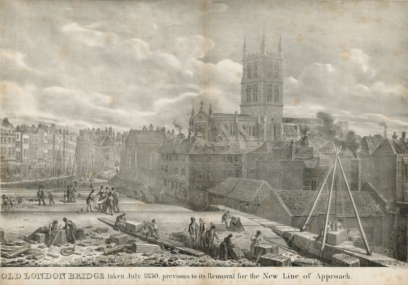 Old London Bridge tatt i juli 1830, før den ble fjernet for den nye innflygingslinjen av George the Elder Scharf