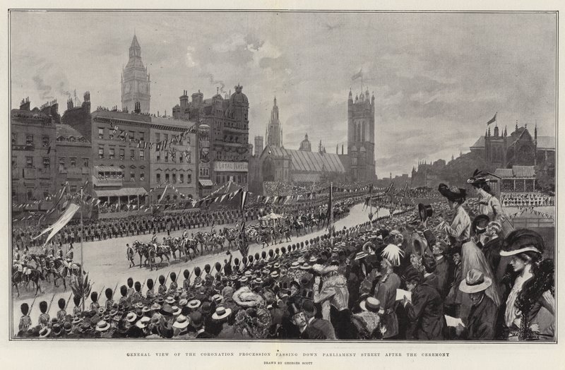 Generell utsikt over kroningsprosesjonen som passerer ned Parliament Street etter seremonien av Georges Bertin Scott