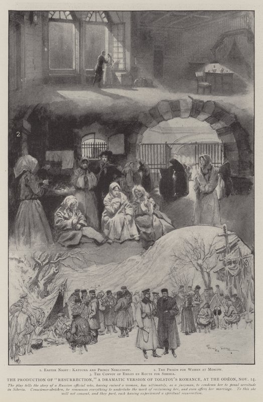 The Production of Resurrection, en dramatisk versjon av Tolstojs romantikk, på Odeon, 14. november av Georges Bertin Scott