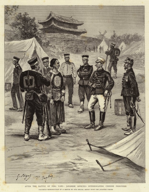 Etter slaget ved Ping Yang forhørte japanske offiserer kinesiske fanger av Georges Ferdinand Bigot