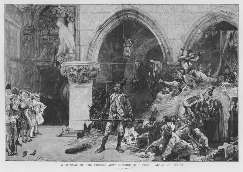 Franske soldater slo leir utenfor Dogepalasset i Venezia, franske revolusjonskriger av Georges Clairin
