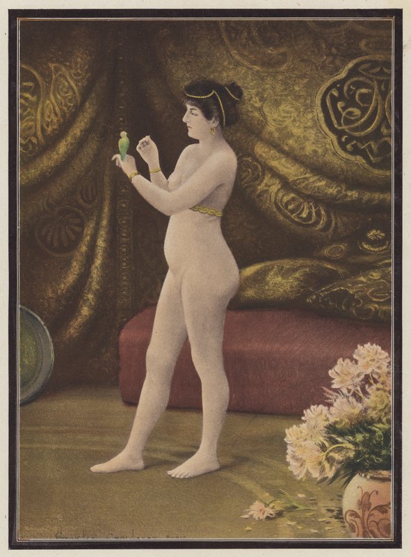 Favoritten, kvinne med en kjæledyrfugl (farge litho) av Georges Croegaert