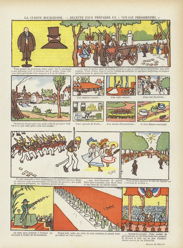 Borgerlig mat. En oppskrift på en presidenttur. Illustrasjon for Le Rire av Georges Delaw