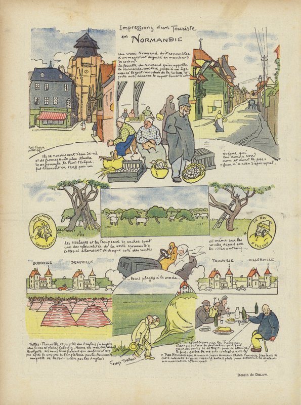 Inntrykk av en turist i Normandie. Illustrasjon for Le Rire av Georges Delaw