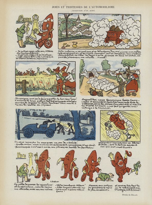 Gleden og tristheten ved bilkjøring. Illustrasjon for Le Rire av Georges Delaw