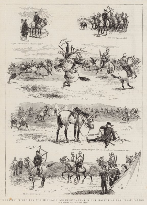 Monterte Pipers for Highland Regiments, hva som kan skje ved den første paraden av Georges Ferdinand Bigot