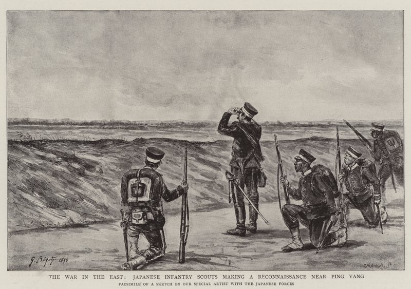 Krigen i øst, japanske infanterispeidere foretar en rekognosering nær Ping Yang av Georges Ferdinand Bigot
