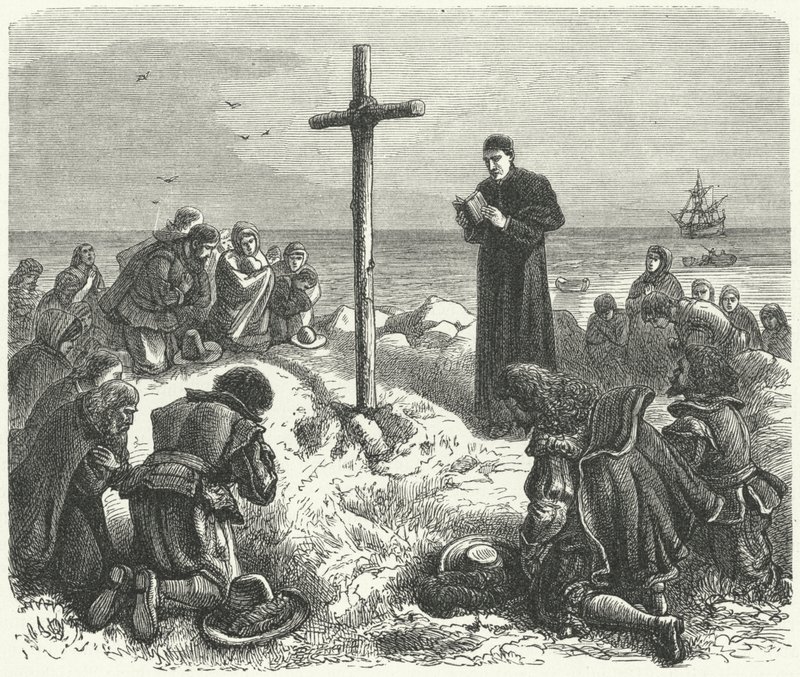 Pilgrimsfedrenes landing i New England, 1620 av German School