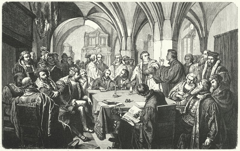 Religiøs debatt mellom Martin Luther og Huldrych Zwingli ved Marburg Colloquy, 1529 av German School