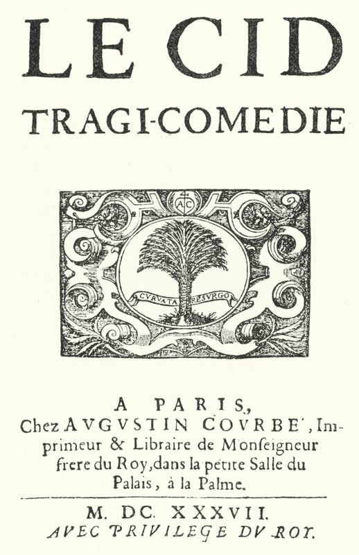 Tittelsiden fra den første utgaven av Le Cid av den franske dramatikeren Pierre Corneille, utgitt i 1637 av German School