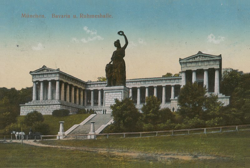 Bayern-statuen og Ruhmeshalle, München. Postkort sendt i 1913. av German Photographer