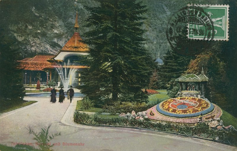 Interlaken, Kursaal og Blomsterklokken. Postkort sendt 16. august 1913. av German Photographer