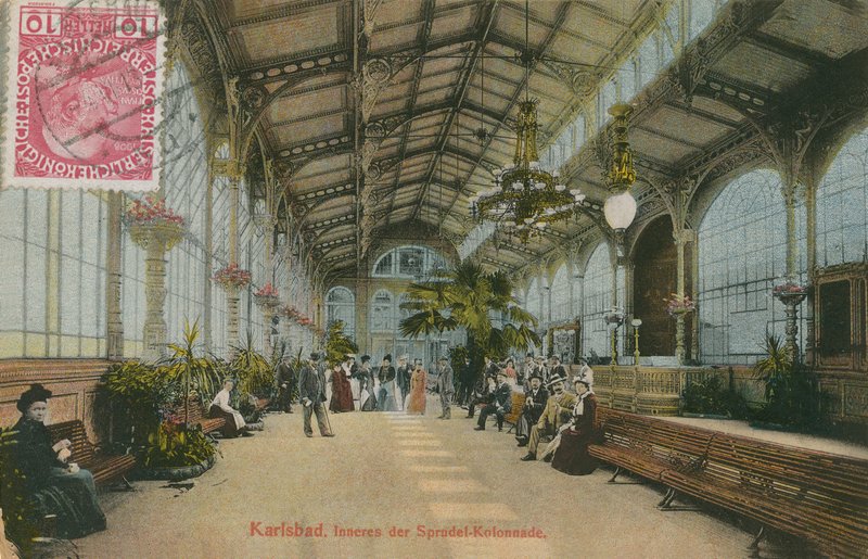 Karlsbad - inne i kolonnaden. Postkort sendt i 1913. av German Photographer