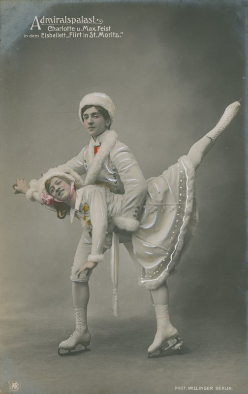 Postkort av skøyteløpere, sendt i 1913 (håndkolorert foto) av German Photographer