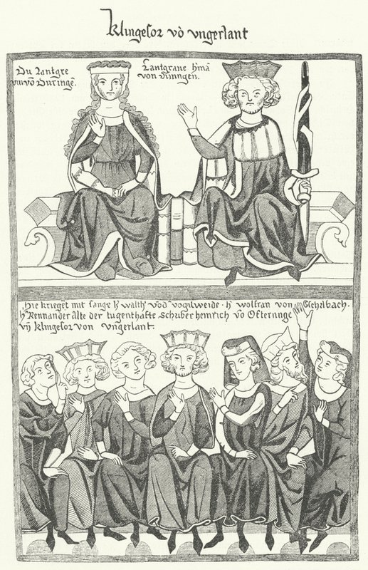 En skildring av Sangerkrieg, en konkurranse mellom minstreler på Wartburg-slottet i Thuringia i 1207, fra Codex Manesse (gravering) av German School