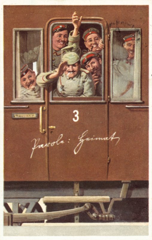 En gruppe tyske soldater fra første verdenskrig vinker fra en jernbanevogn (farge litho) av German School