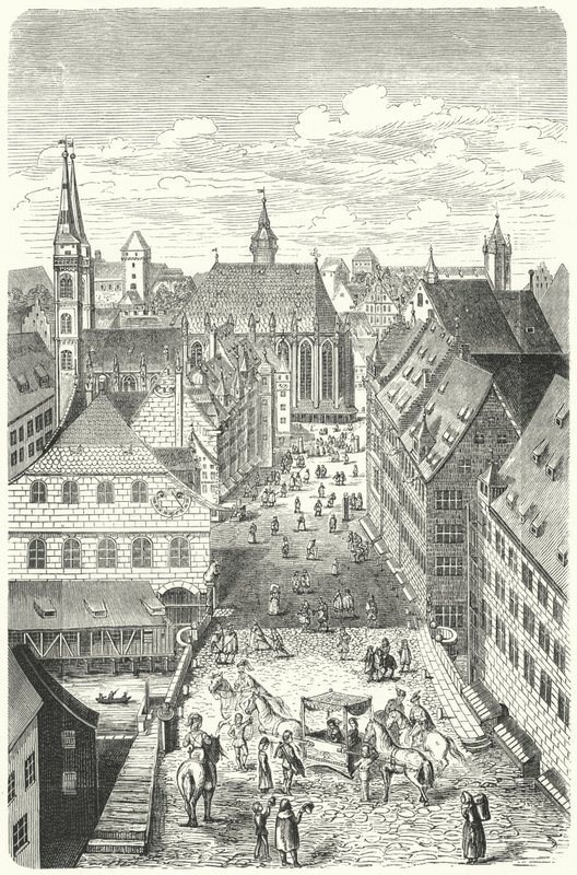 En gate i Nürnberg på 1400-tallet (gravering) av German School