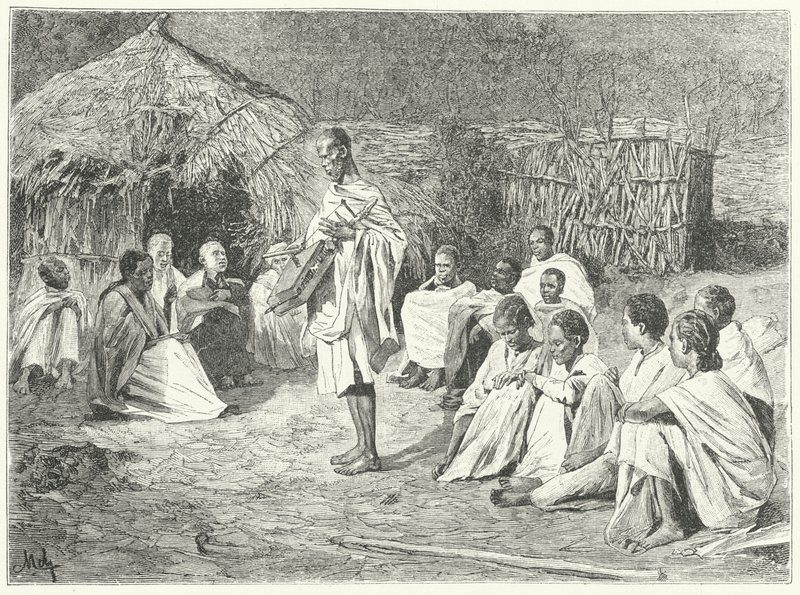 En omreisende minstrel og hans publikum i Abyssinia (gravering) av German School