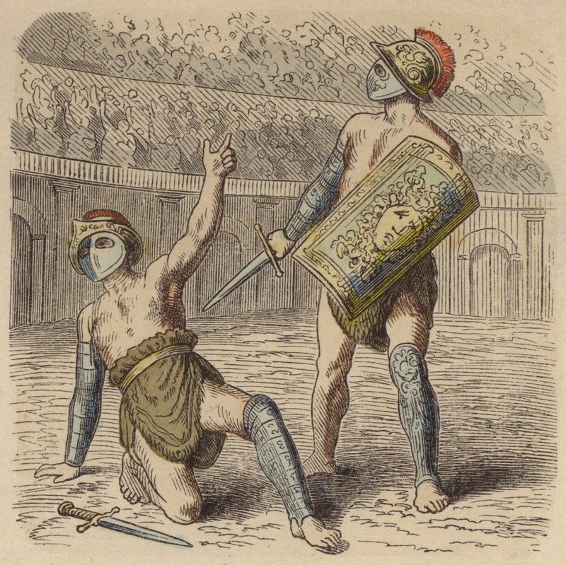 En såret romersk gladiator ber til mengden om livet (farget gravering) av German School