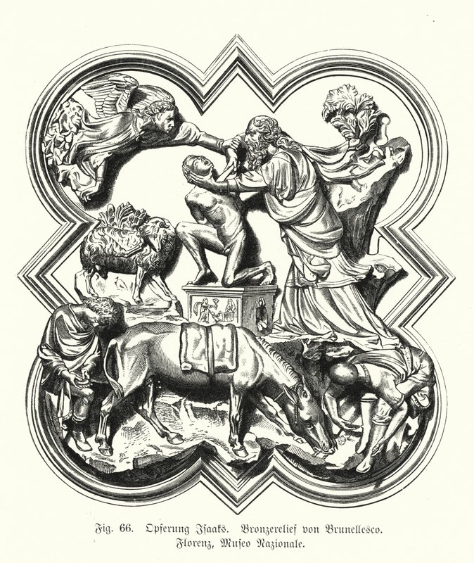 Abraham ofrer sønnen Isak til ofring, bronserelieff av Filippo Brunelleschi (gravering) av German School
