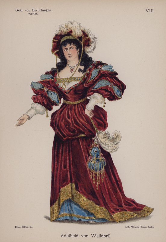 Adelheid von Walldorf, fra Gotz von Berlichingen av Goethe (farge litho) av German School