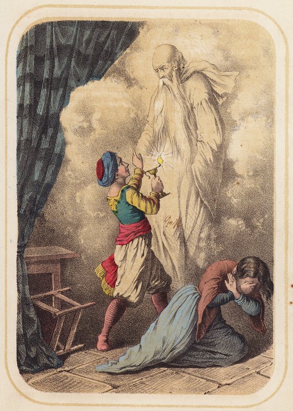 Aladdin, en scene fra Tusen og én natt (fargelitho) av German School